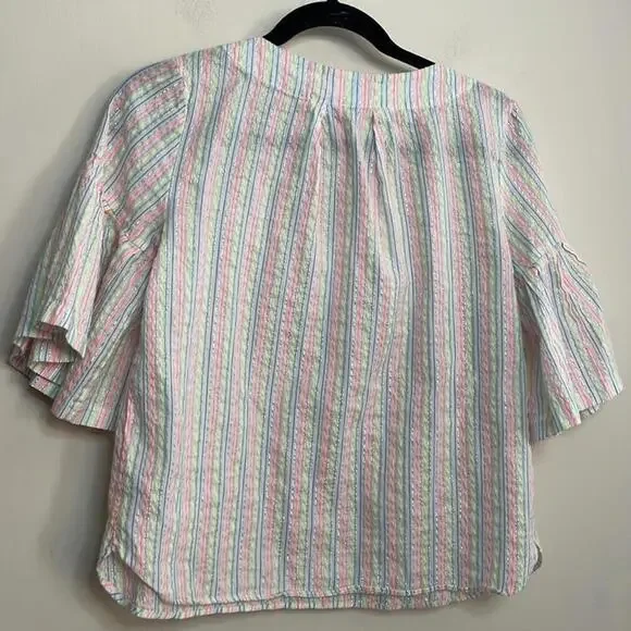 A New Day White and Colorful Striped Semi Sheer Blouse Bell Sleeve - Picture 6 of 8